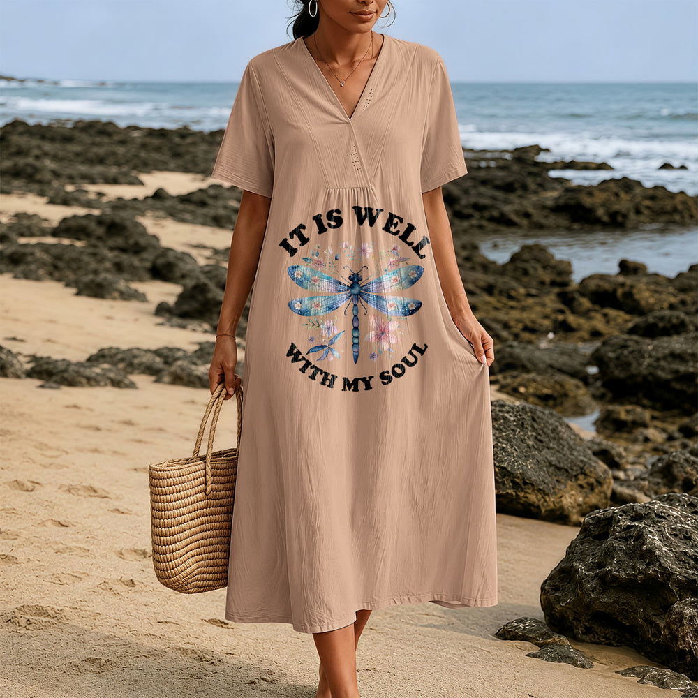 Christianartworkshop "It Is Well With My Soul" Watercolor Dragonfly Floral V-Neck Short Sleeve Midi Dress - image 1