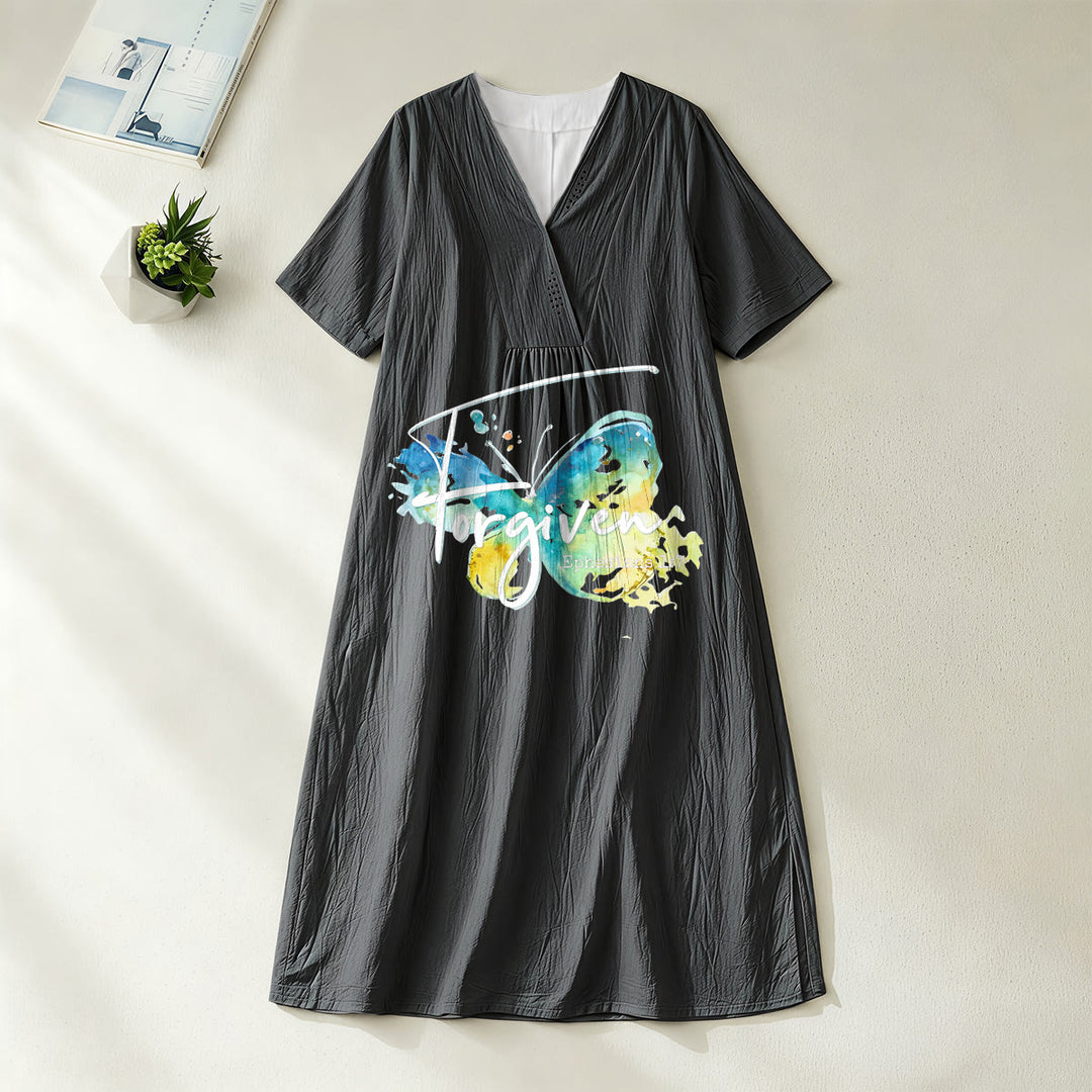 Christianartworkshop Church Gathering Outfit Bible Verse Watercolor Butterfly V-Neck Midi Dress - Black - 4XL - image 8