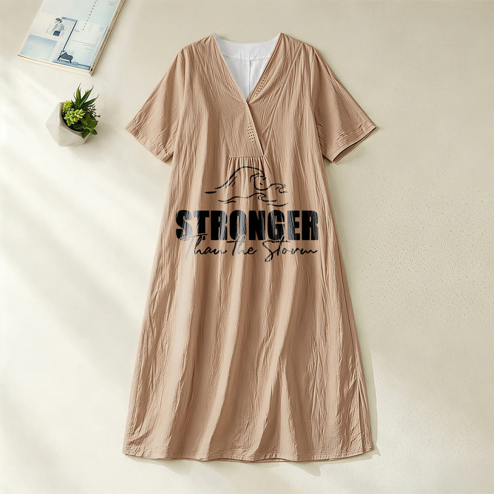 Christianartworkshop "Stronger Than The Storm" Wave Graphic V-Neck Short Sleeve Midi Dress - Khaki - 4XL - image 8