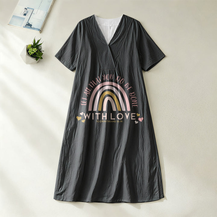 Christianartworkshop Plain Tone Love Scripture Rainbow Heart Slogan V-Neck Casual Midi Dress - Black - 4XL - image 16
