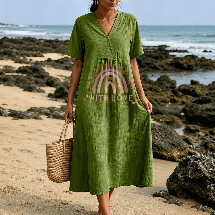 Christianartworkshop Plain Tone Love Scripture Rainbow Heart Slogan V-Neck Casual Midi Dress - image 9