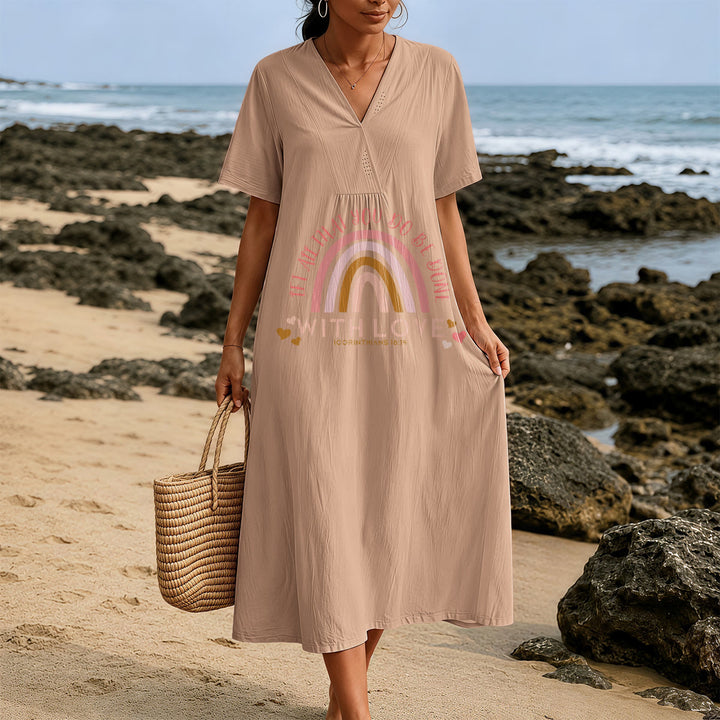 Christianartworkshop Plain Tone Love Scripture Rainbow Heart Slogan V-Neck Casual Midi Dress - image 13