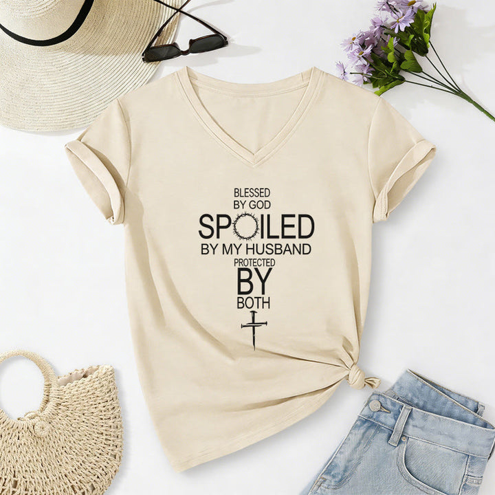 Christianartworkshop "Blessed by God Spoiled by My Husband" Cross Accent Casual V-neck T-shirt - Beige - 2XL - image 2