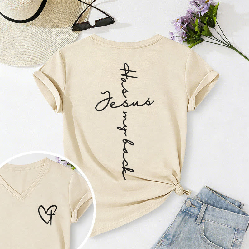 Christianartworkshop "Jesus Has My Back" Front & Back Print Casual V-neck T-shirt - Beige - 2XL - image 12