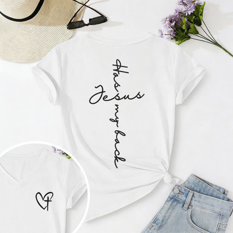 Christianartworkshop "Jesus Has My Back" Front & Back Print Casual V-neck T-shirt - White - 2XL - image 30