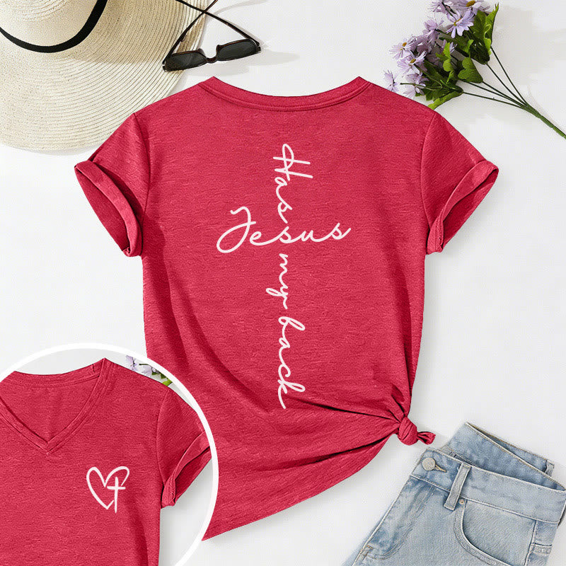 Christianartworkshop "Jesus Has My Back" Front & Back Print Casual V-neck T-shirt - Red - 2XL - image 66