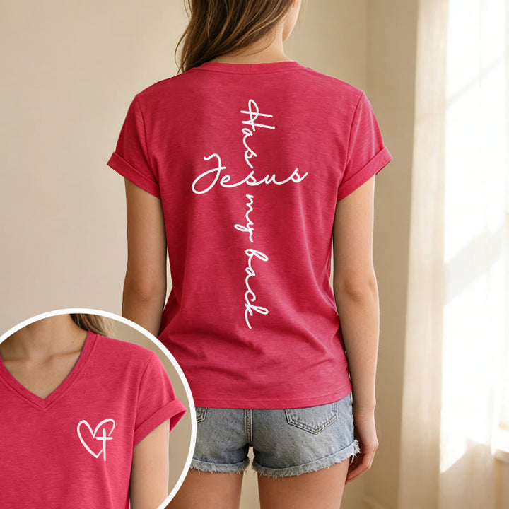 Christianartworkshop "Jesus Has My Back" Front & Back Print Casual V-neck T-shirt - image 67