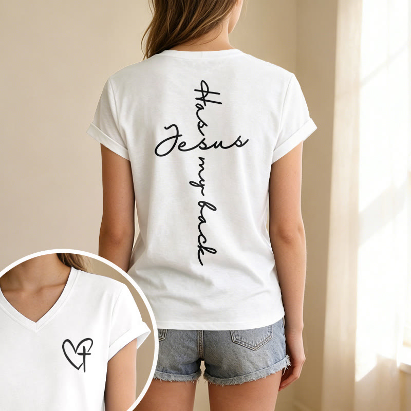 Christianartworkshop "Jesus Has My Back" Front & Back Print Casual V-neck T-shirt - image 31