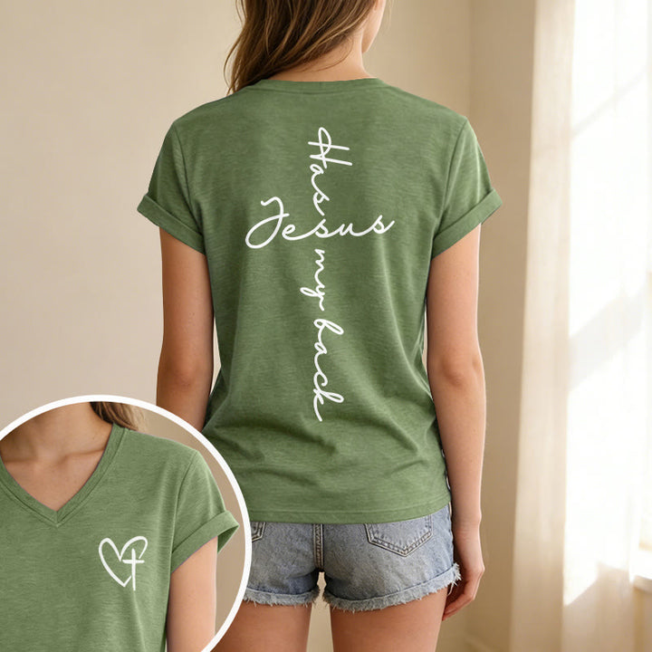 Christianartworkshop "Jesus Has My Back" Front & Back Print Casual V-neck T-shirt - image 25