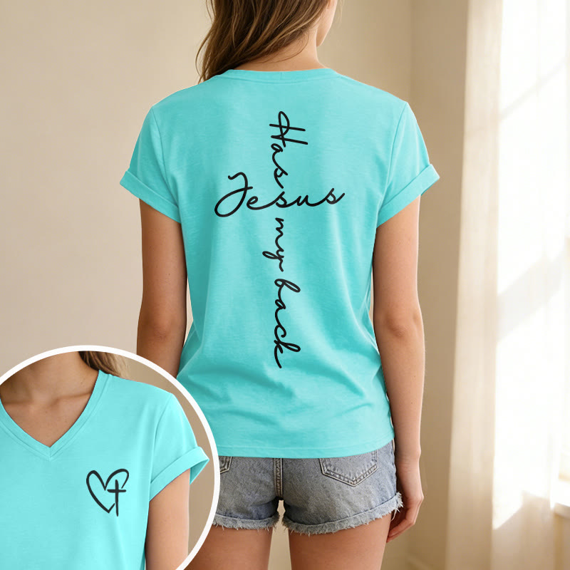 Christianartworkshop "Jesus Has My Back" Front & Back Print Casual V-neck T-shirt - image 37