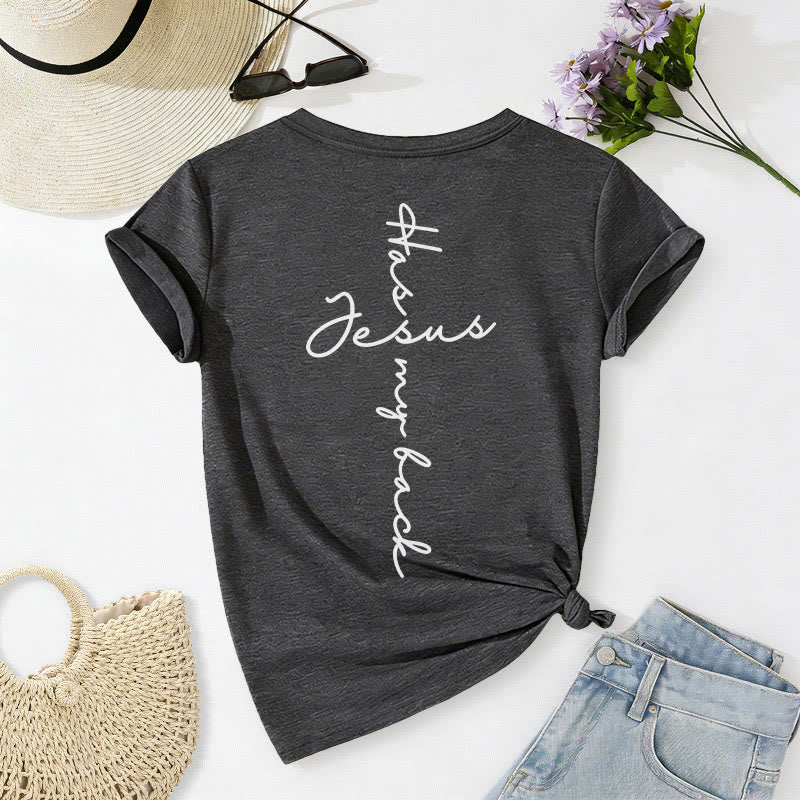 Christianartworkshop "Jesus Has My Back" Front & Back Print Casual V-neck T-shirt - image 4
