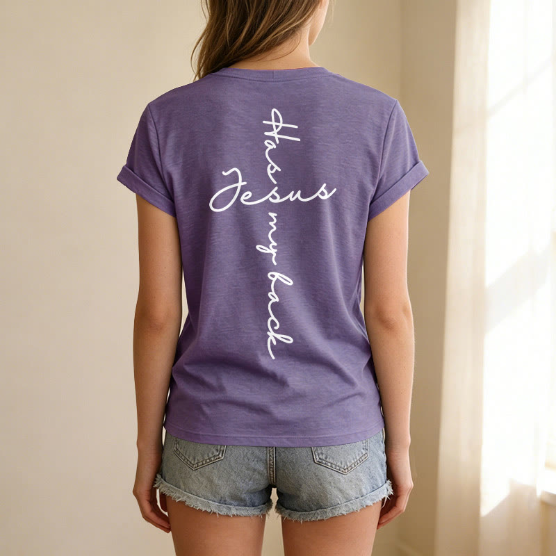 Christianartworkshop "Jesus Has My Back" Front & Back Print Casual V-neck T-shirt - image 59