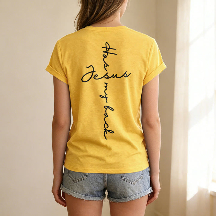 Christianartworkshop "Jesus Has My Back" Front & Back Print Casual V-neck T-shirt - image 23