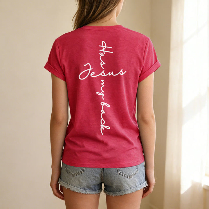 Christianartworkshop "Jesus Has My Back" Front & Back Print Casual V-neck T-shirt - image 71
