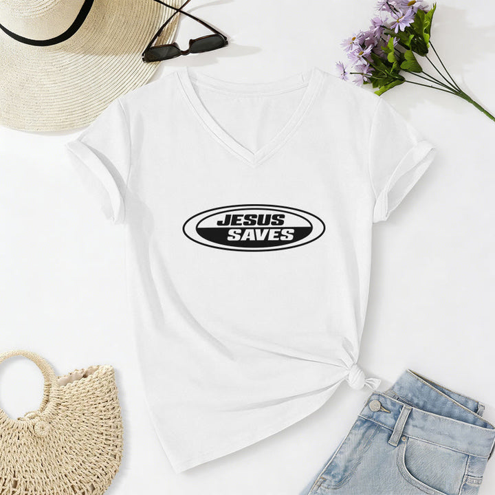 Christianartworkshop Retro Oval "Jesus Saves" Casual V-neck T-shirt - White - 2XL - image 10