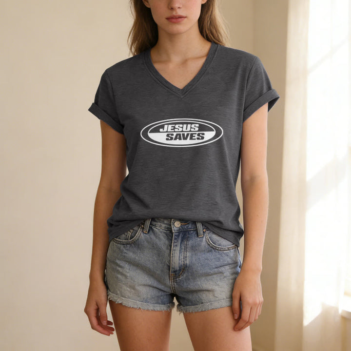 Christianartworkshop Retro Oval "Jesus Saves" Casual V-neck T-shirt - image 1
