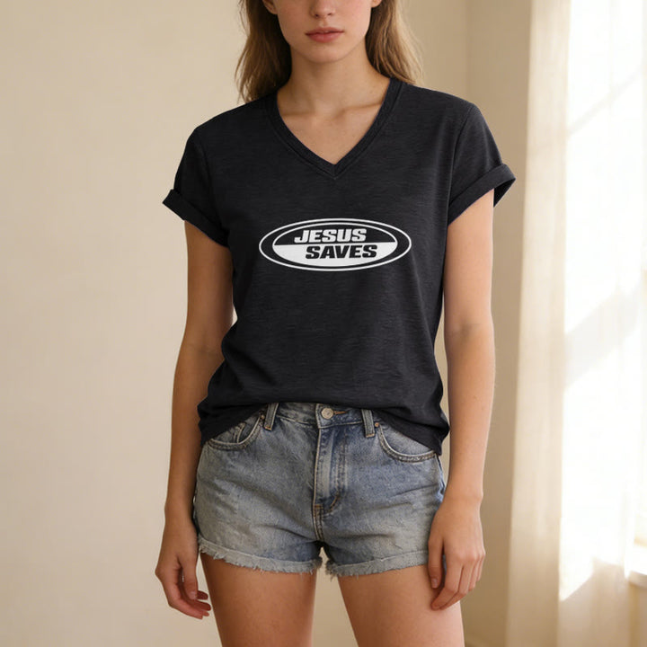 Christianartworkshop Retro Oval "Jesus Saves" Casual V-neck T-shirt - image 3
