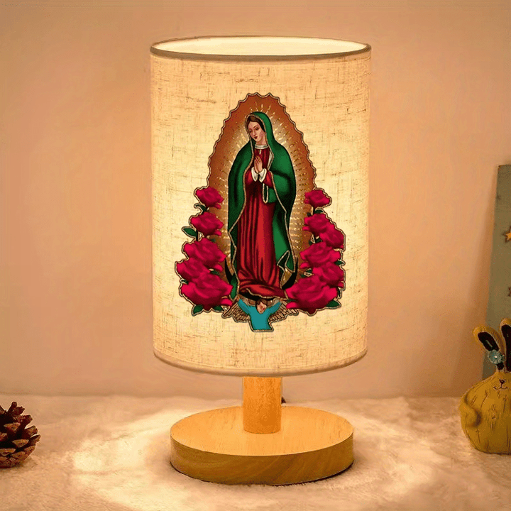 Christianartworkshop Natural Wood Base Fabric Lampshade Our Lady of Guadalupe Table Lamp: A Symbol of Gentle Nighttime Blessings - image 1