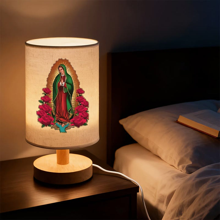 Christianartworkshop Natural Wood Base Fabric Lampshade Our Lady of Guadalupe Table Lamp: A Symbol of Gentle Nighttime Blessings - Our Lady of Guadalupe - image 0