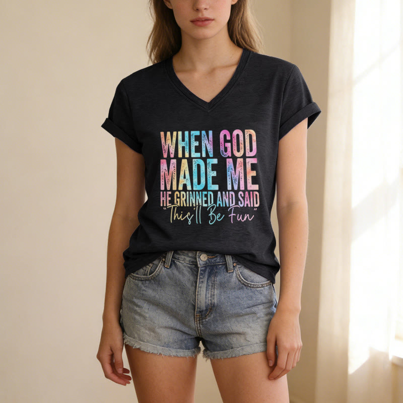 Christianartworkshop "When God Made Me" Colorful Gradient Casual V-neck T-shirt - image 5