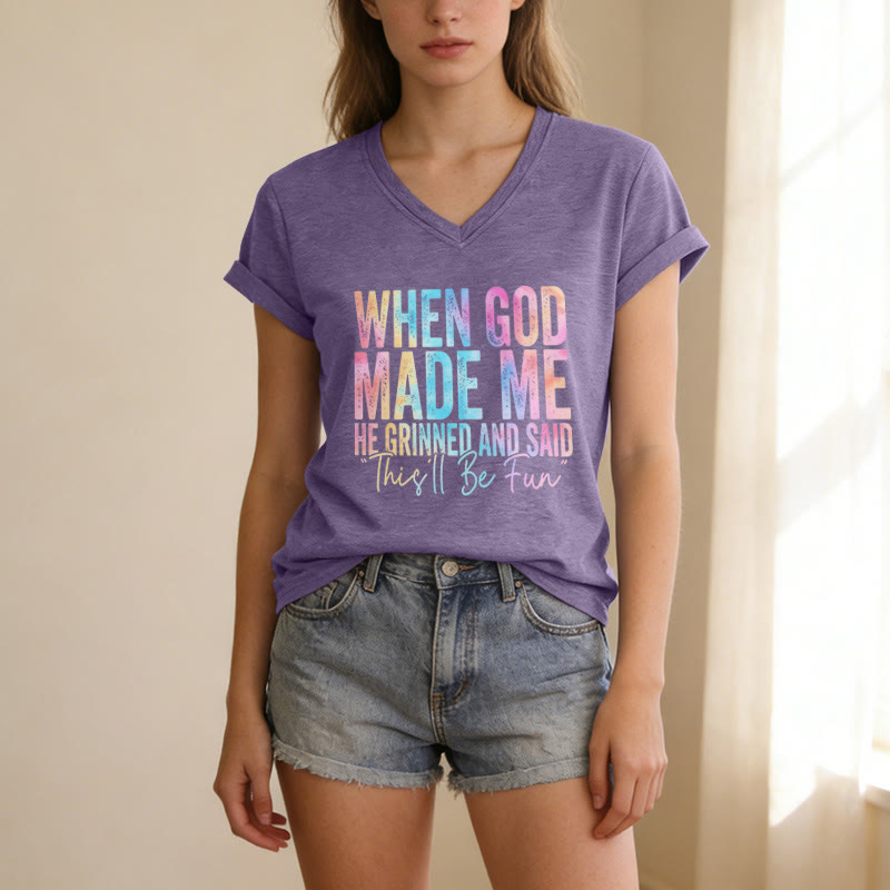 Christianartworkshop "When God Made Me" Colorful Gradient Casual V-neck T-shirt - image 21