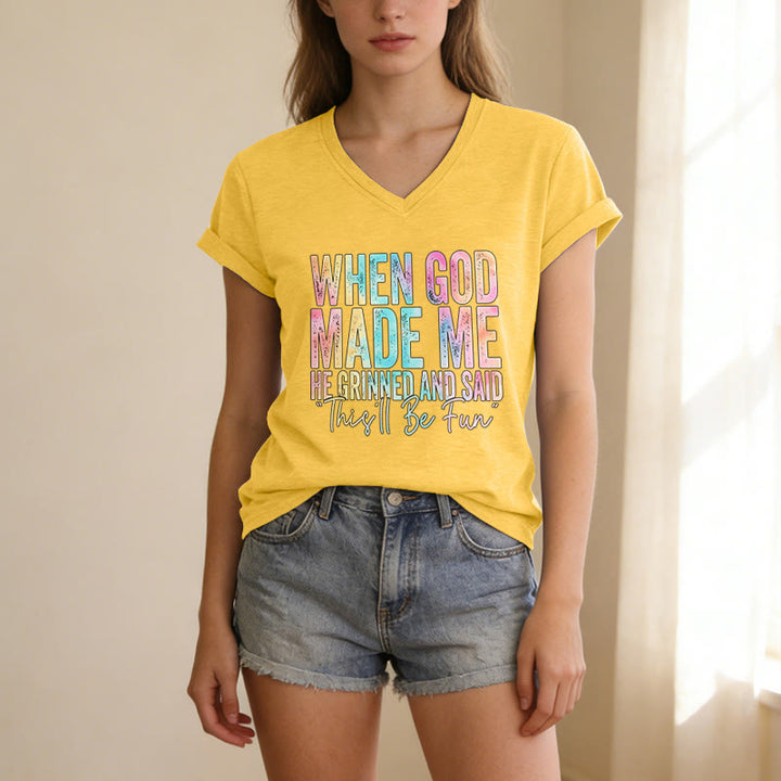 Christianartworkshop "When God Made Me" Colorful Gradient Casual V-neck T-shirt - image 9