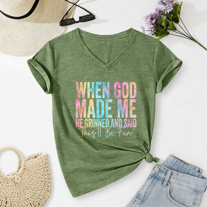 Christianartworkshop "When God Made Me" Colorful Gradient Casual V-neck T-shirt - Olive Green - 2XL - image 10