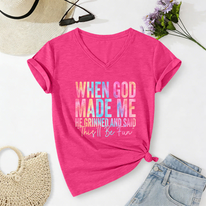 Christianartworkshop "When God Made Me" Colorful Gradient Casual V-neck T-shirt - Rose - 2XL - image 24