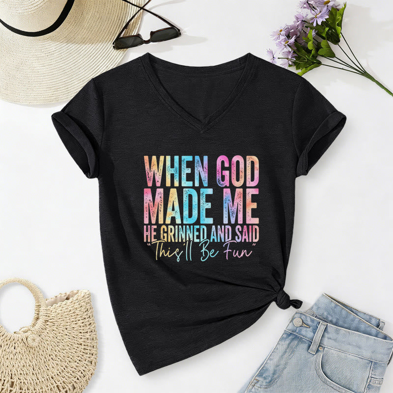 Christianartworkshop "When God Made Me" Colorful Gradient Casual V-neck T-shirt - Black - 2XL - image 4
