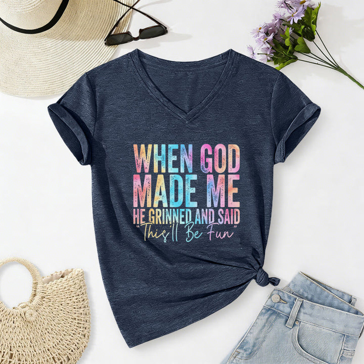 Christianartworkshop "When God Made Me" Colorful Gradient Casual V-neck T-shirt - Navy Blue - 2XL - image 0