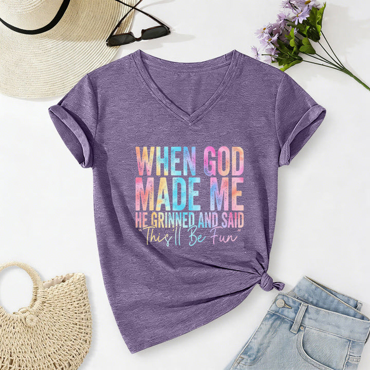 Christianartworkshop "When God Made Me" Colorful Gradient Casual V-neck T-shirt - Purple - 2XL - image 20