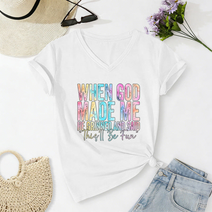 Christianartworkshop "When God Made Me" Colorful Gradient Casual V-neck T-shirt - White - 2XL - image 12
