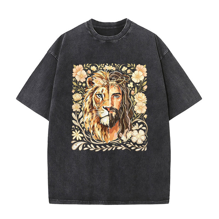 Christianartworkshop Lion of Judah Floral Faith Statement Washed Unisex T-Shirt - Black - 5XL - image 2