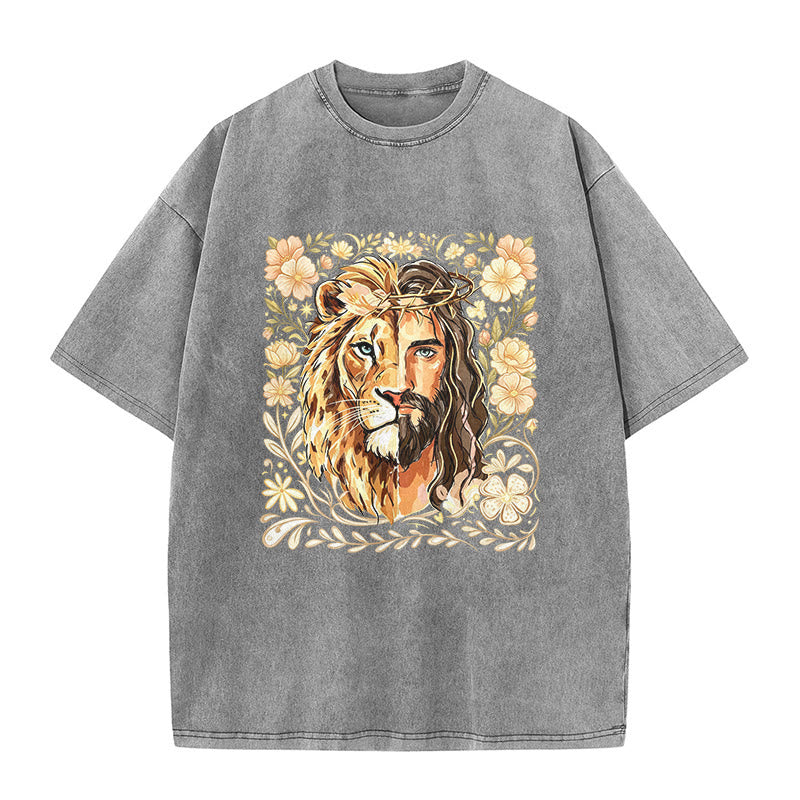 Christianartworkshop Lion of Judah Floral Faith Statement Washed Unisex T-Shirt - Grey - 5XL - image 9