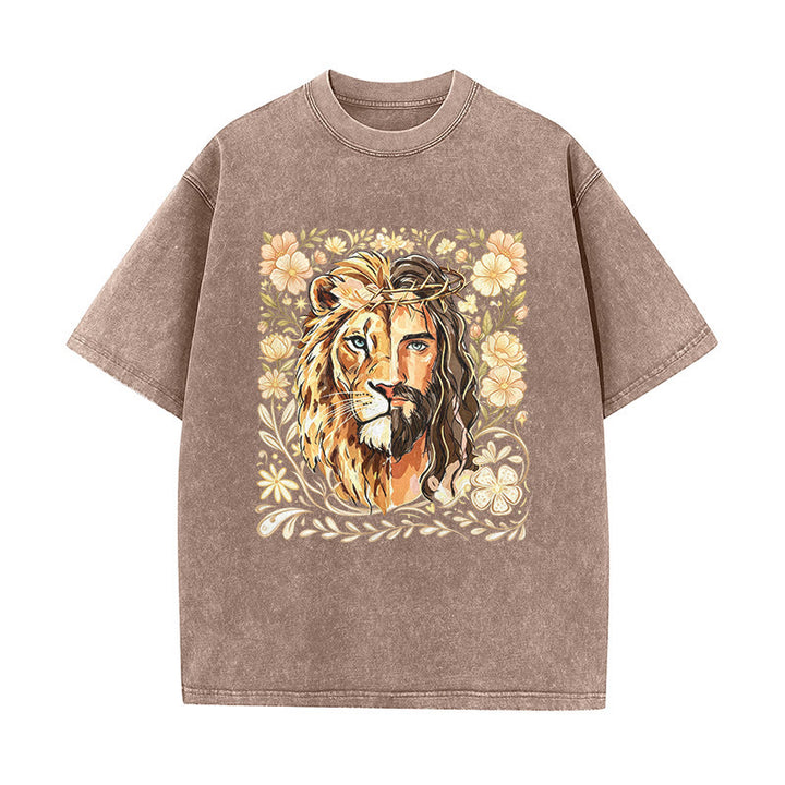Christianartworkshop Lion of Judah Floral Faith Statement Washed Unisex T-Shirt - Brown - 5XL - image 4