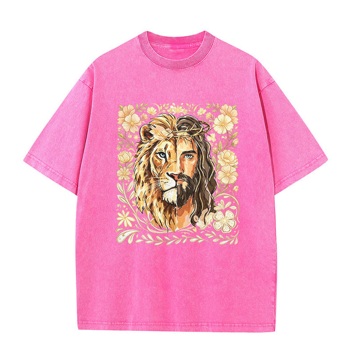 Christianartworkshop Lion of Judah Floral Faith Statement Washed Unisex T-Shirt - Pink - 5XL - image 6