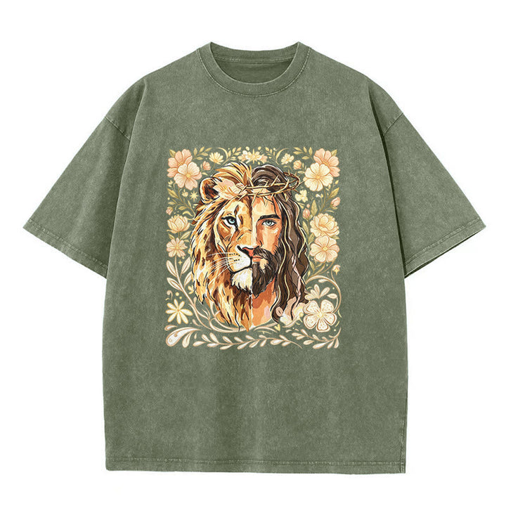 Christianartworkshop Lion of Judah Floral Faith Statement Washed Unisex T-Shirt - Army Green - 5XL - image 1