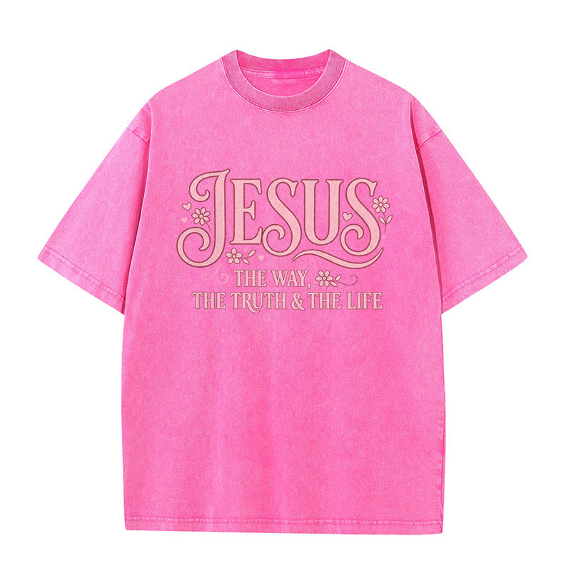 Christianartworkshop Decorative Floral "Jesus The Way The Truth & The Life" Washed Unisex T-Shirt - Pink - 5XL - image 6