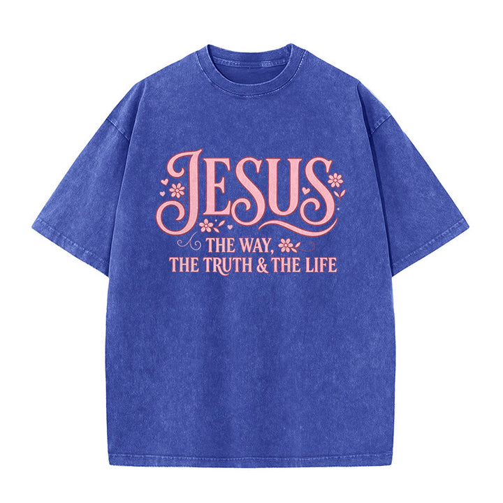 Christianartworkshop Decorative Floral "Jesus The Way The Truth & The Life" Washed Unisex T-Shirt - Blue - 5XL - image 8