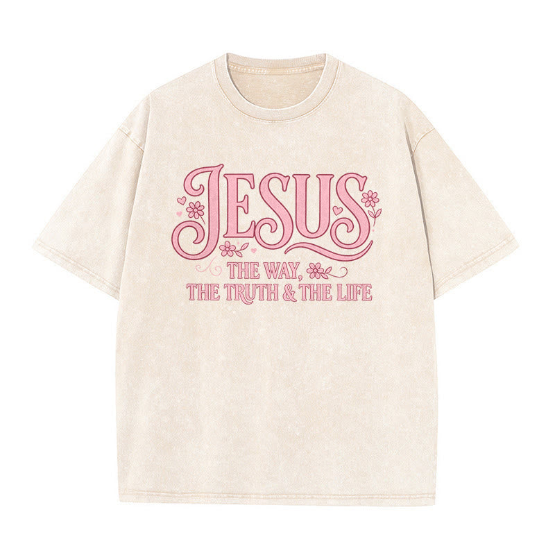 Christianartworkshop Decorative Floral "Jesus The Way The Truth & The Life" Washed Unisex T-Shirt - Beige - 5XL - image 1