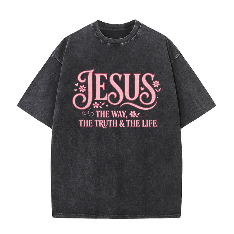 Christianartworkshop Decorative Floral "Jesus The Way The Truth & The Life" Washed Unisex T-Shirt - Black - 5XL - image 3