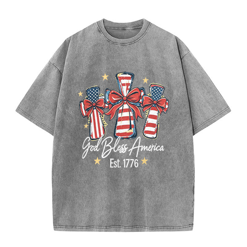 Christianartworkshop Coquette Bow American Flag Love Washed Unisex T-Shirt - Grey - 5XL - image 1