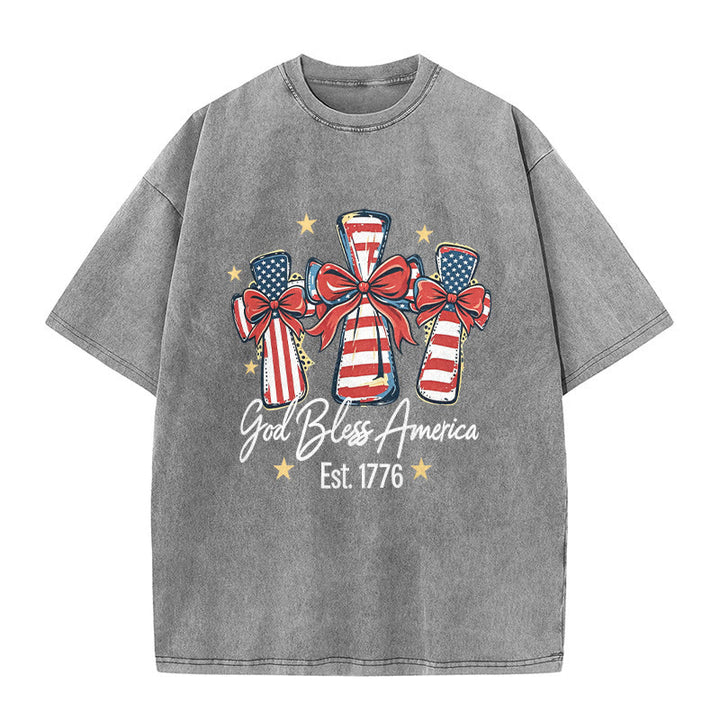Christianartworkshop Coquette Bow American Flag Love Washed Unisex T-Shirt - Grey - 5XL - image 1