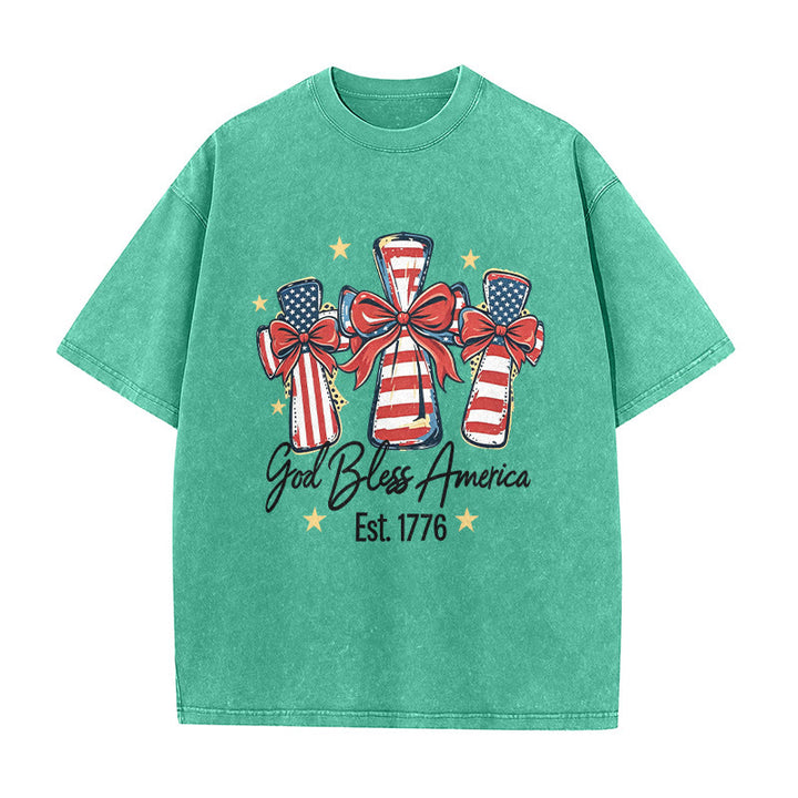 Christianartworkshop Coquette Bow American Flag Love Washed Unisex T-Shirt - Green - 5XL - image 5