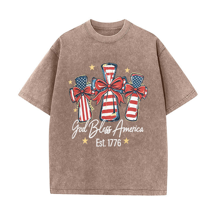 Christianartworkshop Coquette Bow American Flag Love Washed Unisex T-Shirt - Brown - 5XL - image 6