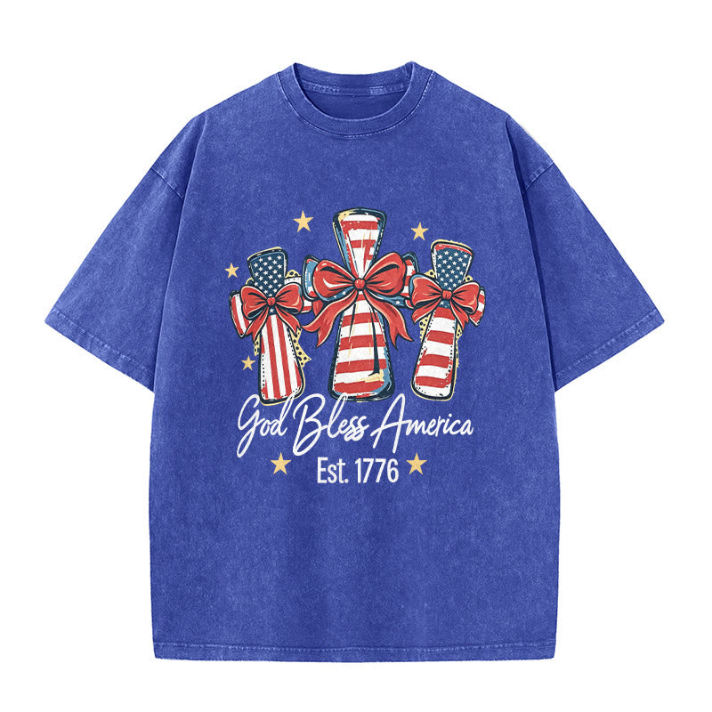 Christianartworkshop Coquette Bow American Flag Love Washed Unisex T-Shirt - Blue - 5XL - image 9