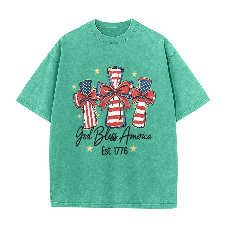 Christianartworkshop Coquette Bow American Flag Love Washed Unisex T-Shirt - Green - 5XL - image 5