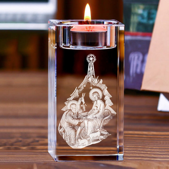 Christianartworkshop Luminous Tealight Compatible Inner Engraved Holy Figure Crystal Holder: A Symbol of Peaceful Prayer Atmosphere - Nativity Scene B - 1.97''*1.97''*3.94''/5*5*10cm - image 3