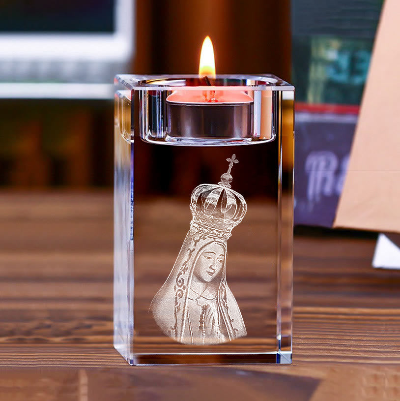 Christianartworkshop Luminous Tealight Compatible Inner Engraved Holy Figure Crystal Holder: A Symbol of Peaceful Prayer Atmosphere - Our Lady of Fátima - 1.97''*1.97''*3.94''/5*5*10cm - image 1