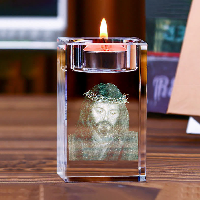Christianartworkshop Luminous Tealight Compatible Inner Engraved Holy Figure Crystal Holder: A Symbol of Peaceful Prayer Atmosphere - Jesus Christ with Crown of Thorns - 1.97''*1.97''*3.94''/5*5*10cm - image 16